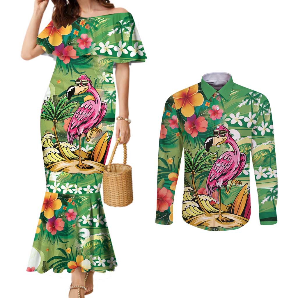 Hawaiian Flamingo Hibiscus Personalised Couples Matching Mermaid Dress and Long Sleeve Button Shirt Green Summer Tropical Flowers - Polynesian Pride