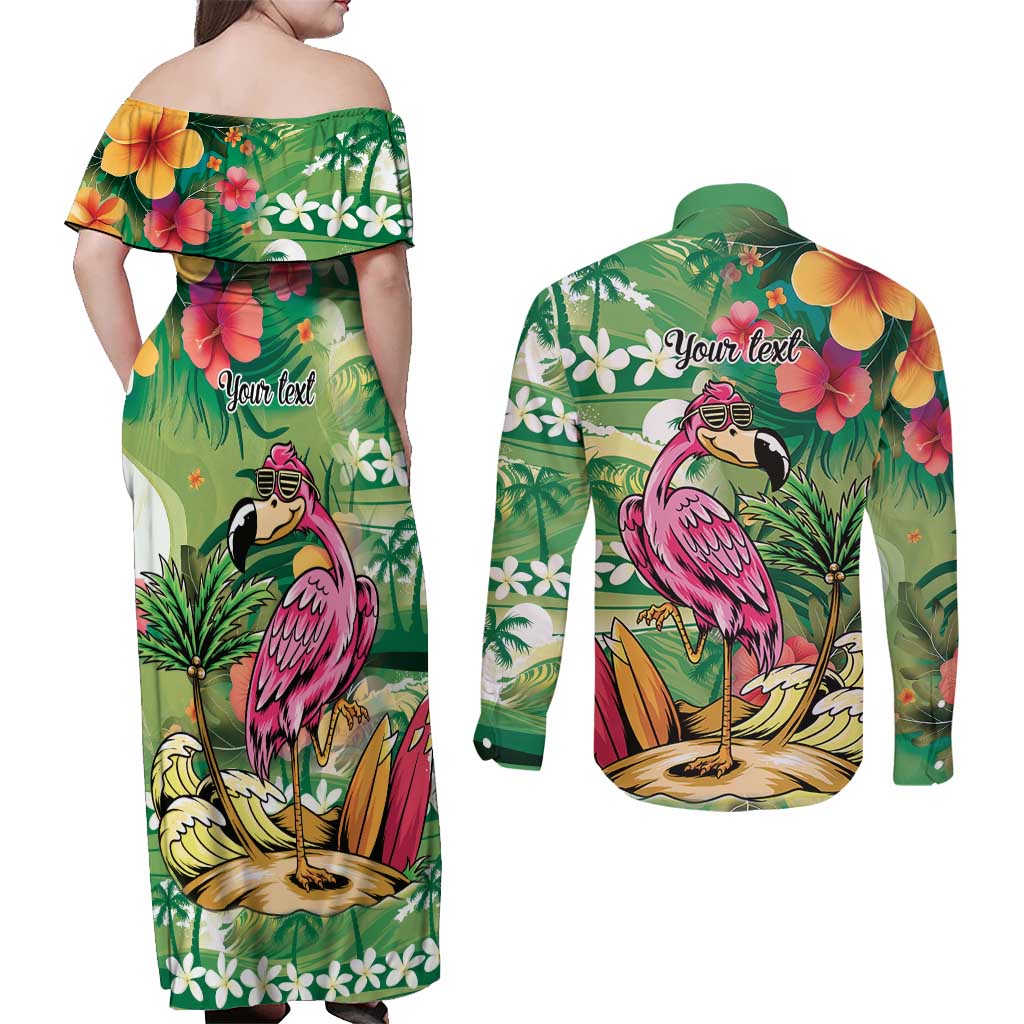 Hawaiian Flamingo Hibiscus Personalised Couples Matching Off Shoulder Maxi Dress and Long Sleeve Button Shirt Green Summer Tropical Flowers - Polynesian Pride