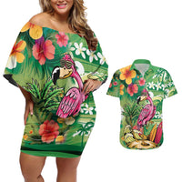 Hawaiian Flamingo Hibiscus Personalised Couples Matching Off Shoulder Short Dress and Hawaiian Shirt Green Summer Tropical Flowers - Polynesian Pride