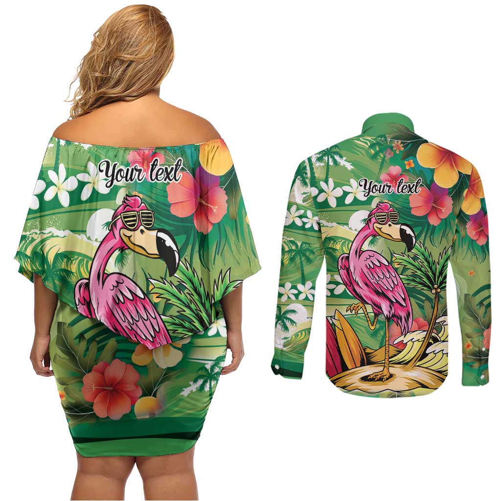 Hawaiian Flamingo Hibiscus Personalised Couples Matching Off Shoulder Short Dress and Long Sleeve Button Shirt Green Summer Tropical Flowers - Polynesian Pride