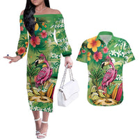 Hawaiian Flamingo Hibiscus Personalised Couples Matching Off The Shoulder Long Sleeve Dress and Hawaiian Shirt Green Summer Tropical Flowers - Polynesian Pride