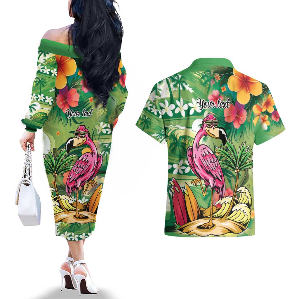 Hawaiian Flamingo Hibiscus Personalised Couples Matching Off The Shoulder Long Sleeve Dress and Hawaiian Shirt Green Summer Tropical Flowers - Polynesian Pride