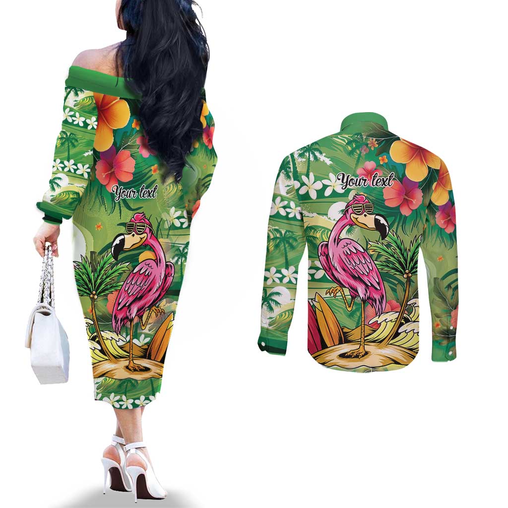 Hawaiian Flamingo Hibiscus Personalised Couples Matching Off The Shoulder Long Sleeve Dress and Long Sleeve Button Shirt Green Summer Tropical Flowers - Polynesian Pride