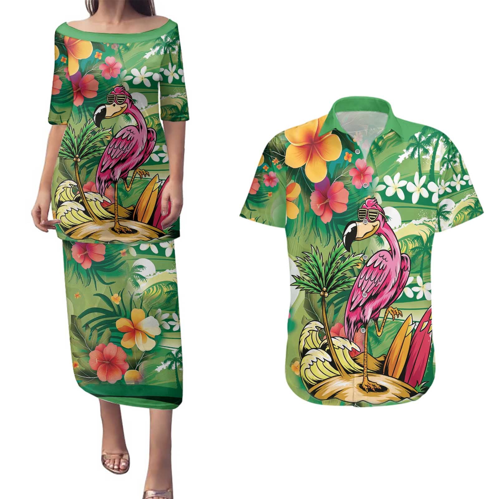Hawaiian Flamingo Hibiscus Personalised Couples Matching Puletasi and Hawaiian Shirt Green Summer Tropical Flowers - Polynesian Pride