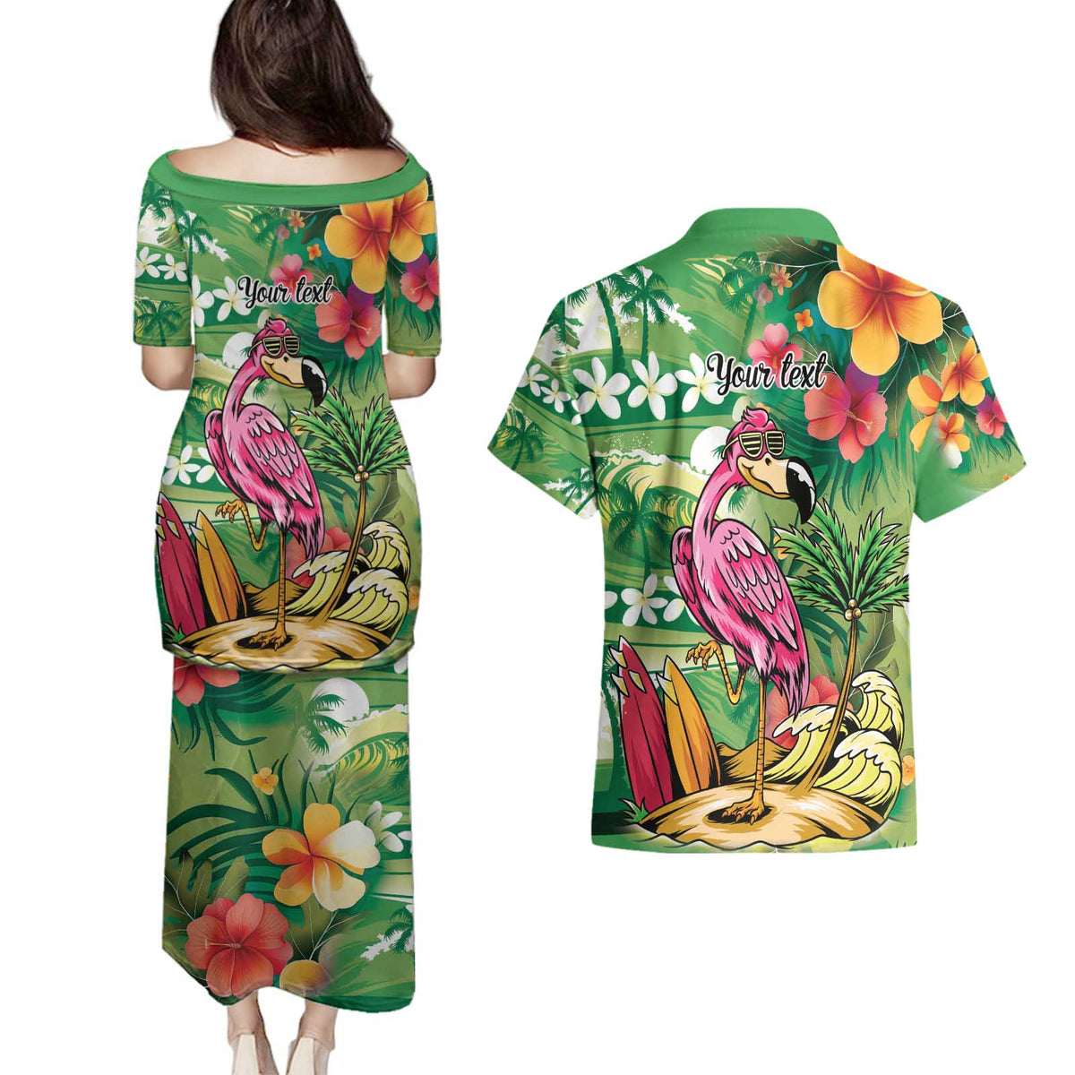 Hawaiian Flamingo Hibiscus Personalised Couples Matching Puletasi and Hawaiian Shirt Green Summer Tropical Flowers - Polynesian Pride