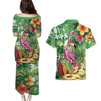 Hawaiian Flamingo Hibiscus Personalised Couples Matching Puletasi and Hawaiian Shirt Green Summer Tropical Flowers - Polynesian Pride