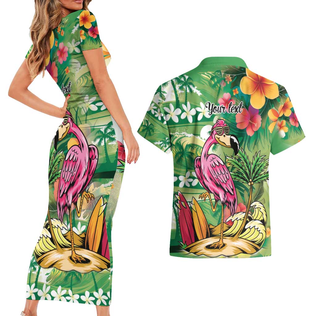 Hawaiian Flamingo Hibiscus Personalised Couples Matching Short Sleeve Bodycon Dress and Hawaiian Shirt Green Summer Tropical Flowers - Polynesian Pride