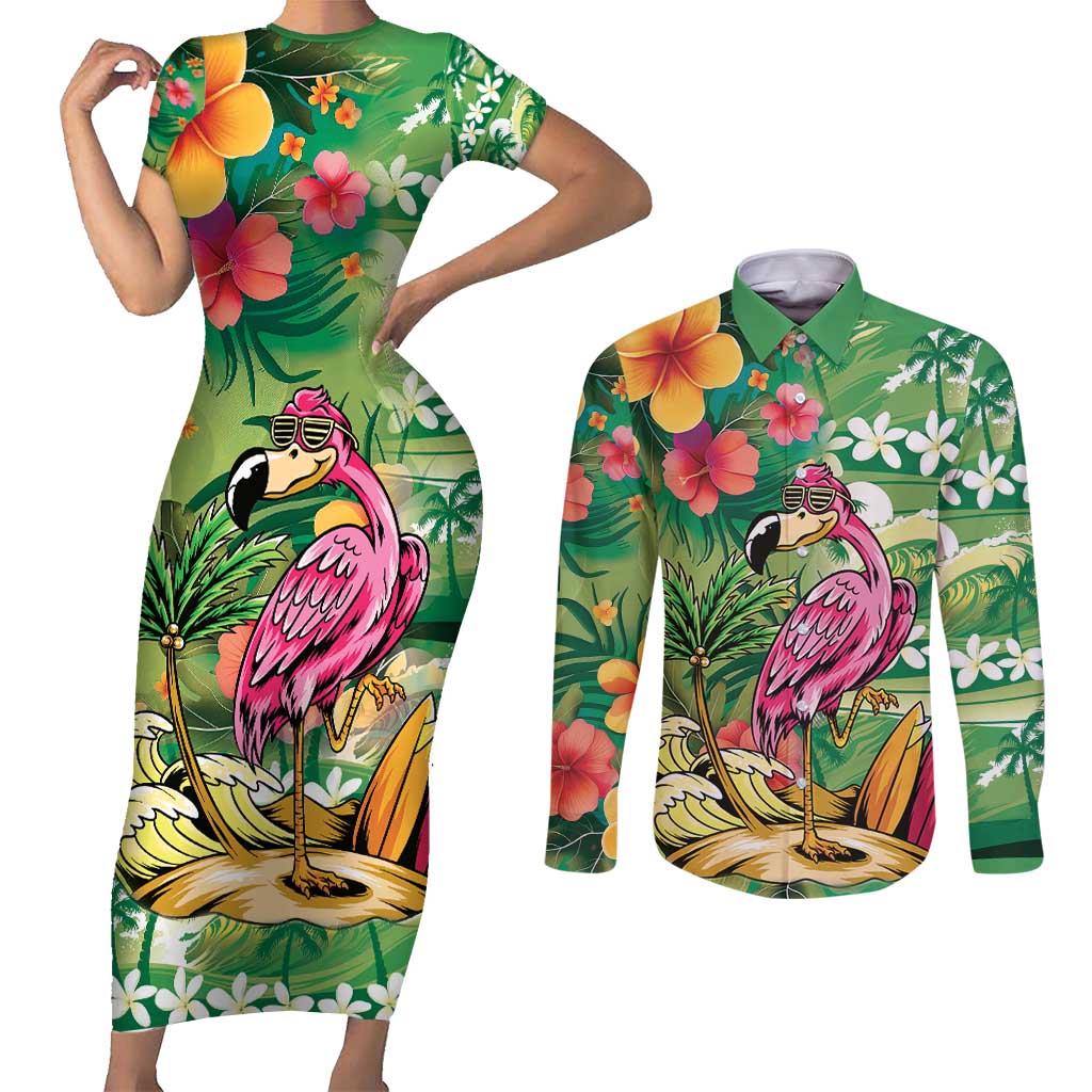 Hawaiian Flamingo Hibiscus Personalised Couples Matching Short Sleeve Bodycon Dress and Long Sleeve Button Shirt Green Summer Tropical Flowers - Polynesian Pride