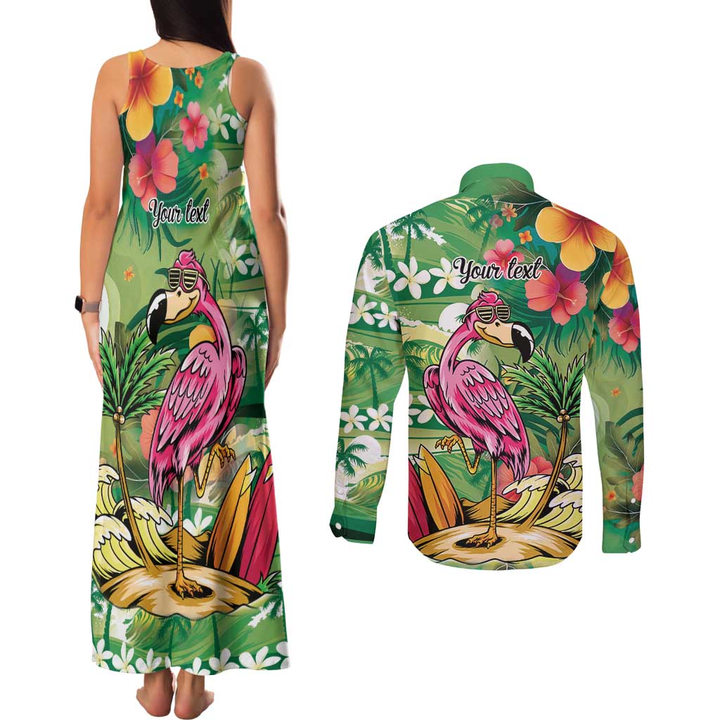 Hawaiian Flamingo Hibiscus Personalised Couples Matching Tank Maxi Dress and Long Sleeve Button Shirt Green Summer Tropical Flowers - Polynesian Pride