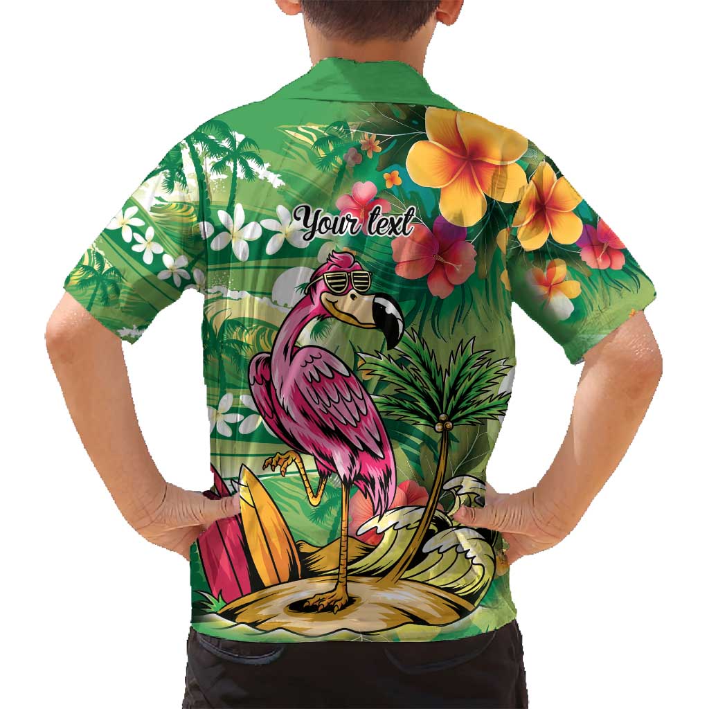 Hawaiian Flamingo Hibiscus Personalised Family Matching Long Sleeve Bodycon Dress and Hawaiian Shirt Green Summer Tropical Flowers - Polynesian Pride