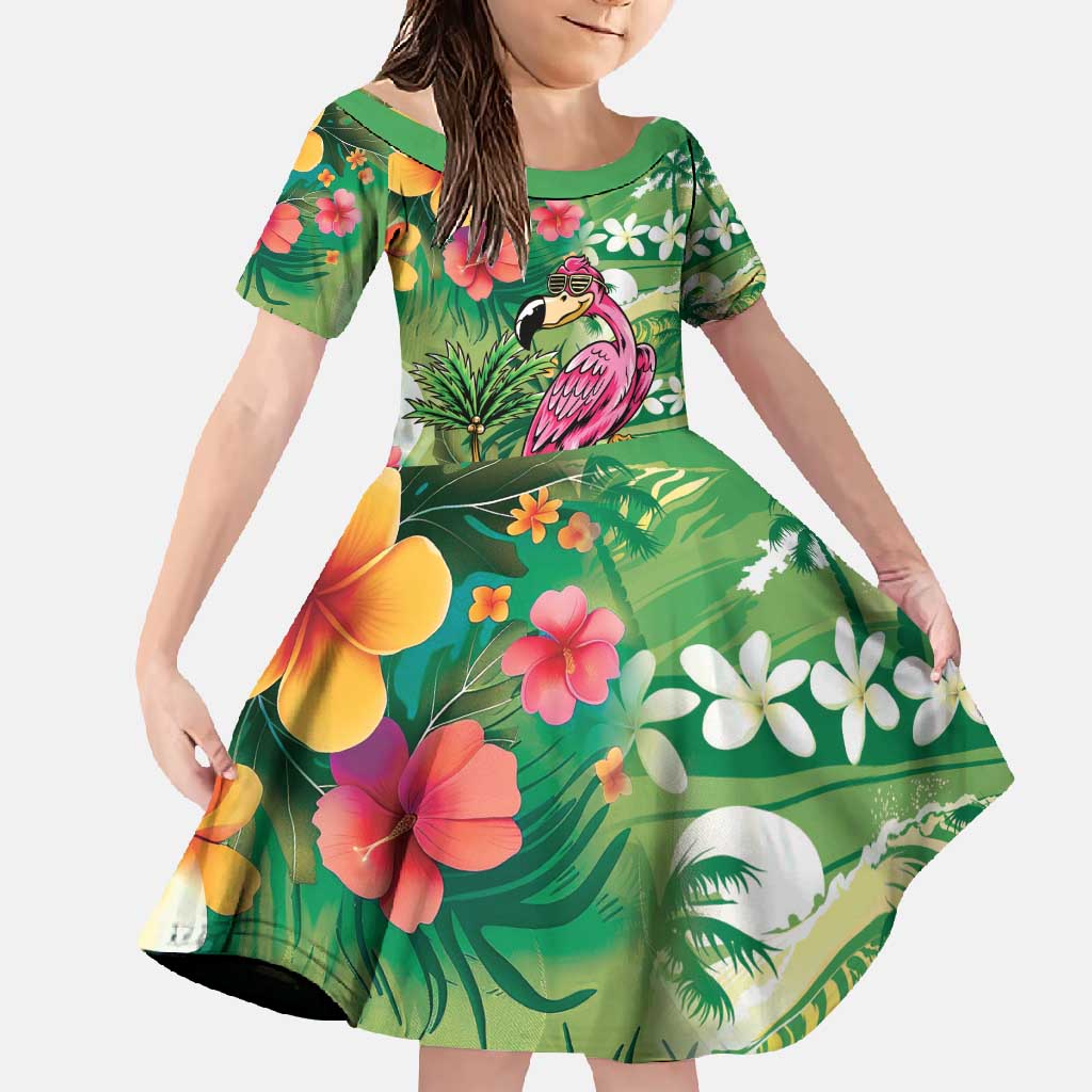 Hawaiian Flamingo Hibiscus Personalised Family Matching Long Sleeve Bodycon Dress and Hawaiian Shirt Green Summer Tropical Flowers - Polynesian Pride
