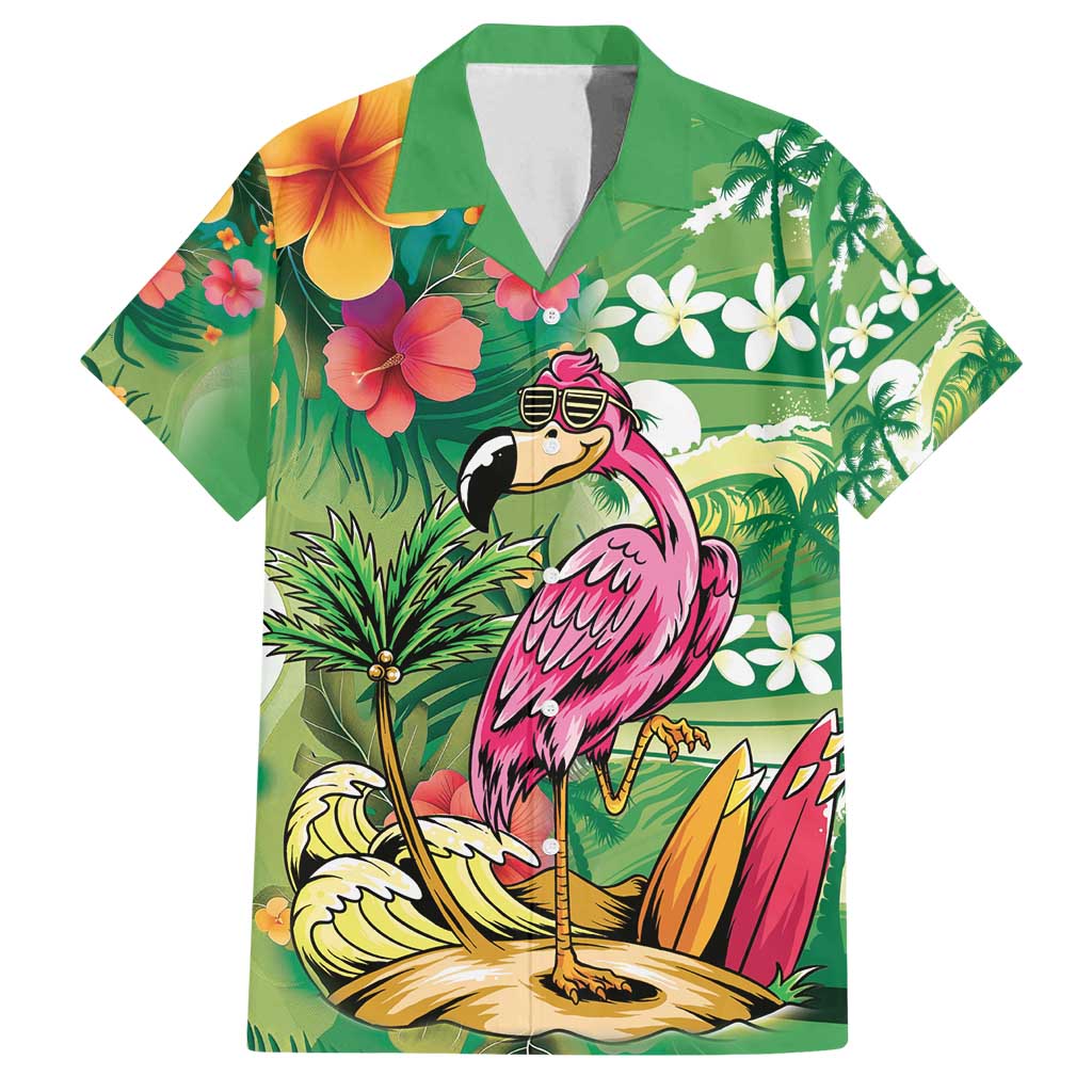 Hawaiian Flamingo Hibiscus Personalised Family Matching Long Sleeve Bodycon Dress and Hawaiian Shirt Green Summer Tropical Flowers - Polynesian Pride