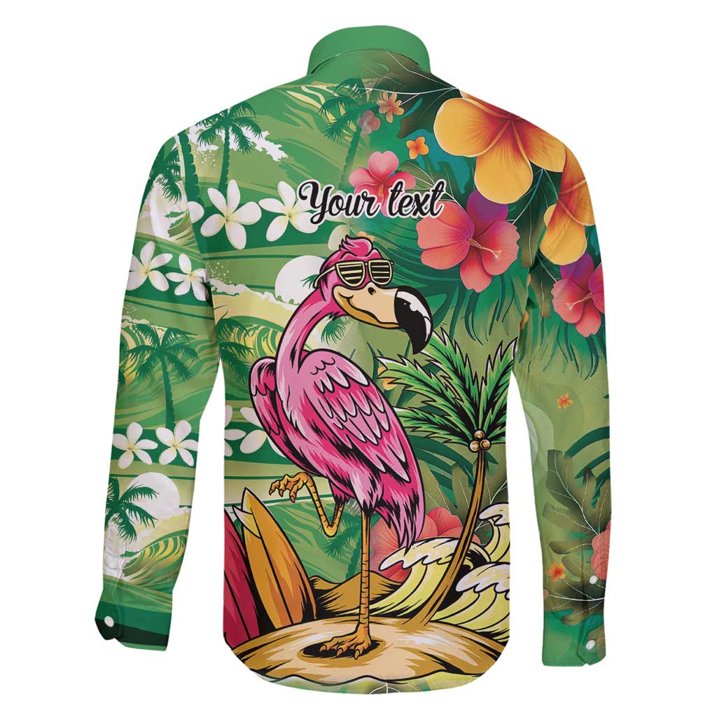 Hawaiian Flamingo Hibiscus Personalised Family Matching Long Sleeve Bodycon Dress and Hawaiian Shirt Green Summer Tropical Flowers - Polynesian Pride