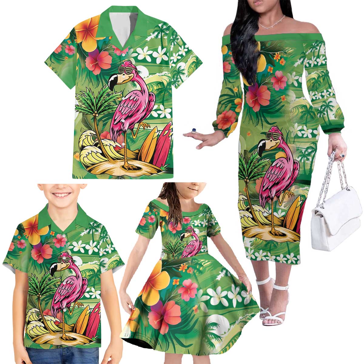 Hawaiian Flamingo Hibiscus Personalised Family Matching Off The Shoulder Long Sleeve Dress and Hawaiian Shirt Green Summer Tropical Flowers - Polynesian Pride