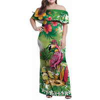 Hawaiian Flamingo Hibiscus Personalised Family Matching Off Shoulder Maxi Dress and Hawaiian Shirt Green Summer Tropical Flowers - Polynesian Pride