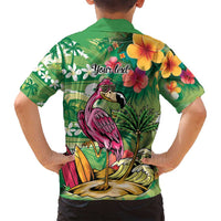 Hawaiian Flamingo Hibiscus Personalised Family Matching Off Shoulder Short Dress and Hawaiian Shirt Green Summer Tropical Flowers - Polynesian Pride