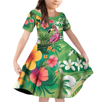 Hawaiian Flamingo Hibiscus Personalised Family Matching Off Shoulder Short Dress and Hawaiian Shirt Green Summer Tropical Flowers - Polynesian Pride
