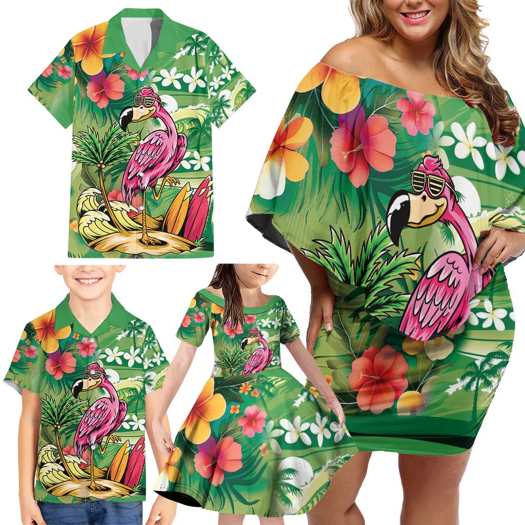 Hawaiian Flamingo Hibiscus Personalised Family Matching Off Shoulder Short Dress and Hawaiian Shirt Green Summer Tropical Flowers - Polynesian Pride