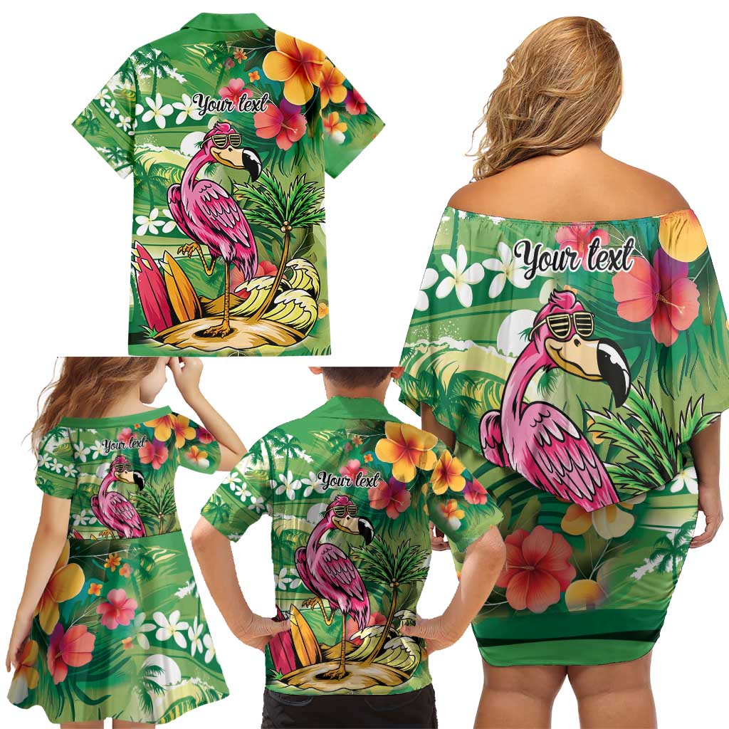 Hawaiian Flamingo Hibiscus Personalised Family Matching Off Shoulder Short Dress and Hawaiian Shirt Green Summer Tropical Flowers - Polynesian Pride