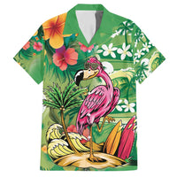 Hawaiian Flamingo Hibiscus Personalised Family Matching Off Shoulder Short Dress and Hawaiian Shirt Green Summer Tropical Flowers - Polynesian Pride