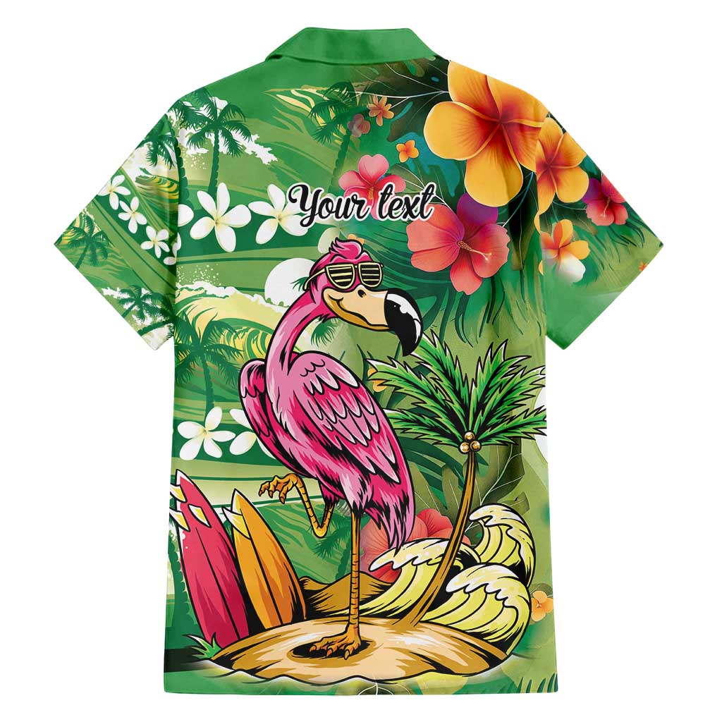 Hawaiian Flamingo Hibiscus Personalised Family Matching Off Shoulder Short Dress and Hawaiian Shirt Green Summer Tropical Flowers - Polynesian Pride