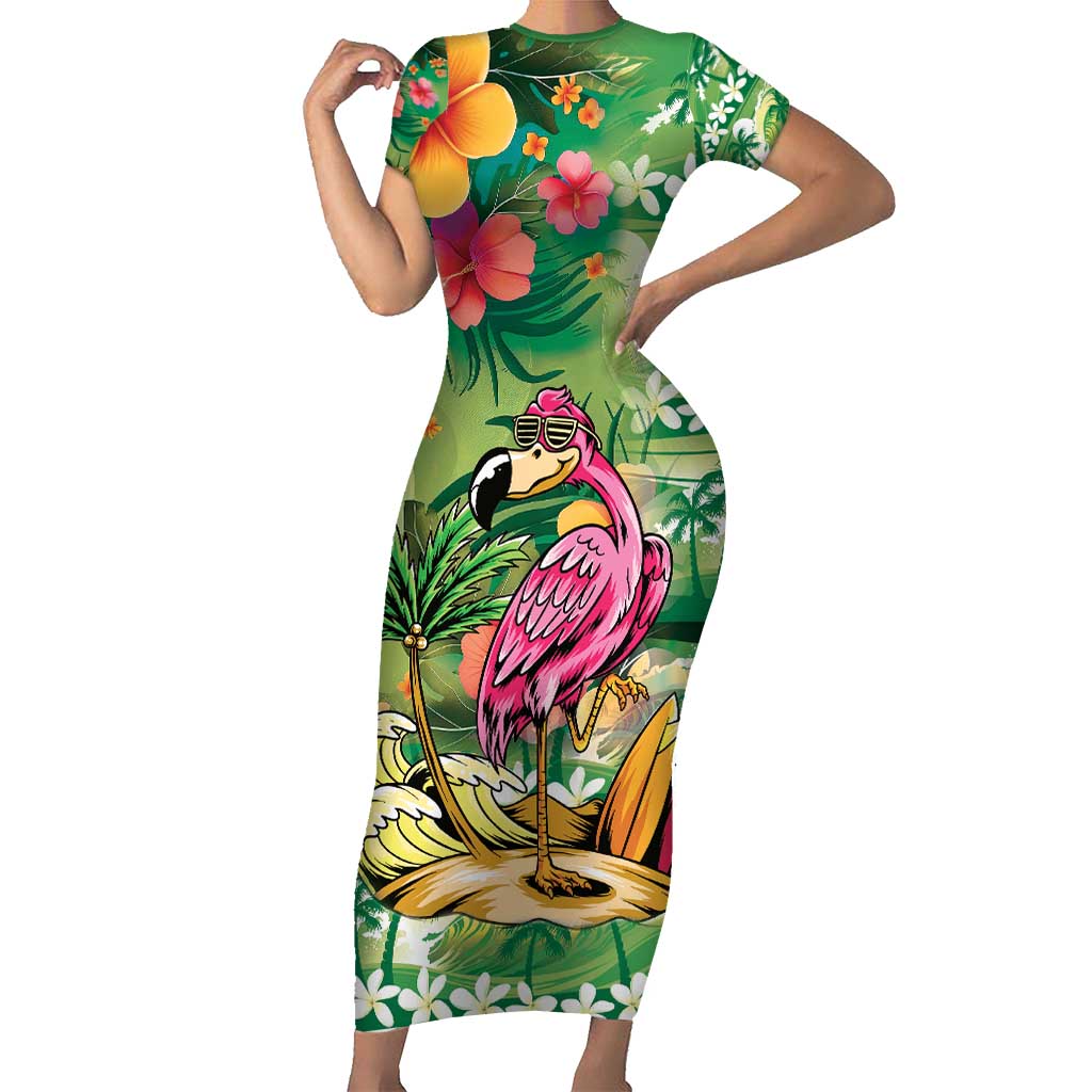 Hawaiian Flamingo Hibiscus Personalised Family Matching Short Sleeve Bodycon Dress and Hawaiian Shirt Green Summer Tropical Flowers - Polynesian Pride