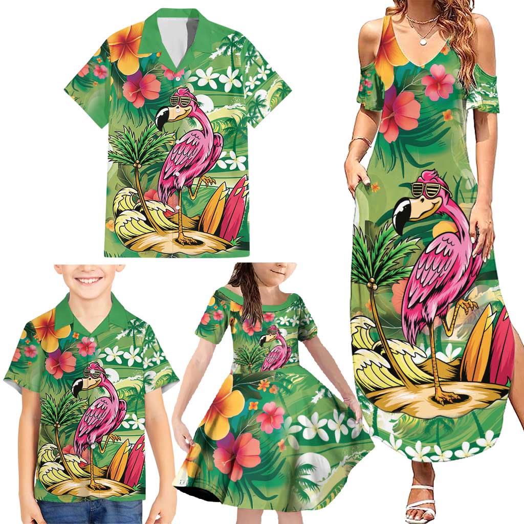 Hawaiian Flamingo Hibiscus Personalised Family Matching Summer Maxi Dress and Hawaiian Shirt Green Summer Tropical Flowers - Polynesian Pride