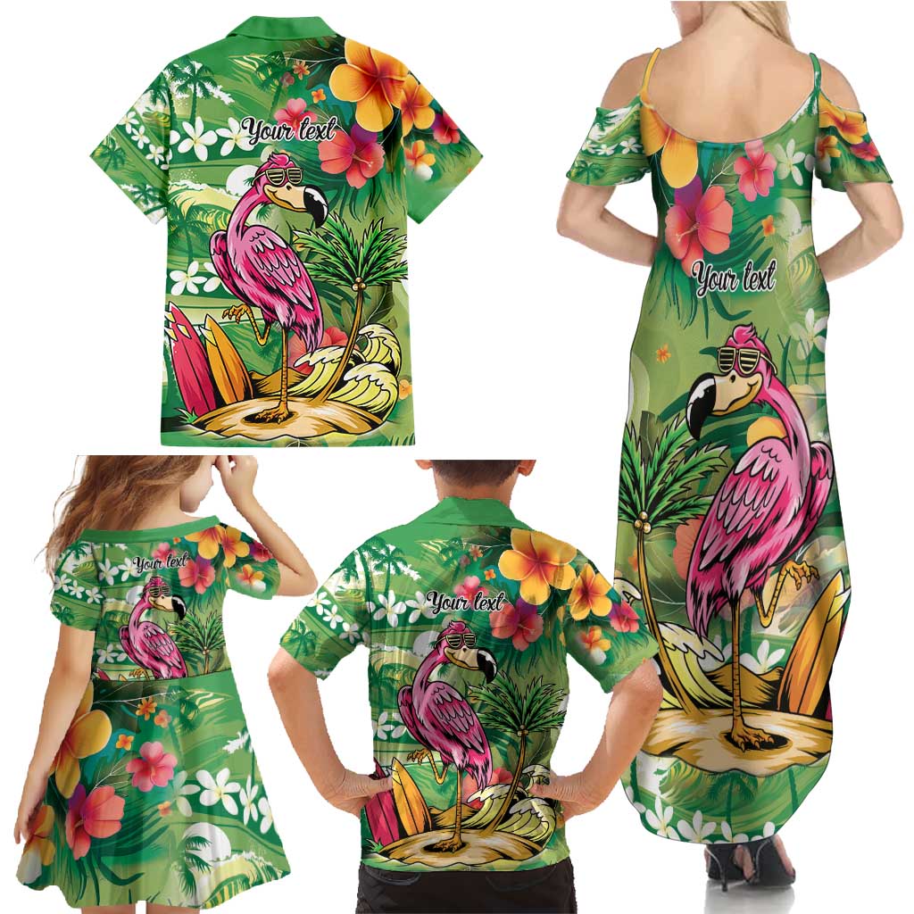 Hawaiian Flamingo Hibiscus Personalised Family Matching Summer Maxi Dress and Hawaiian Shirt Green Summer Tropical Flowers - Polynesian Pride
