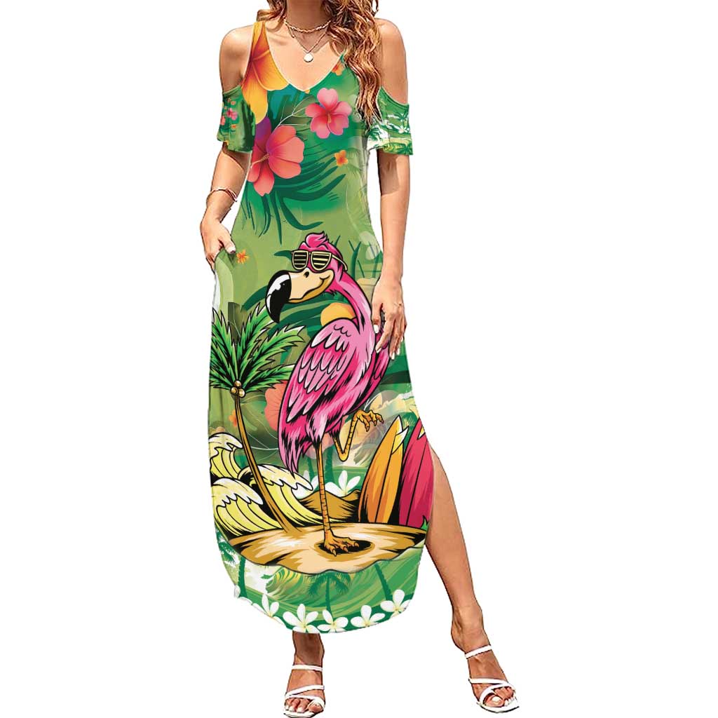 Hawaiian Flamingo Hibiscus Personalised Family Matching Summer Maxi Dress and Hawaiian Shirt Green Summer Tropical Flowers - Polynesian Pride