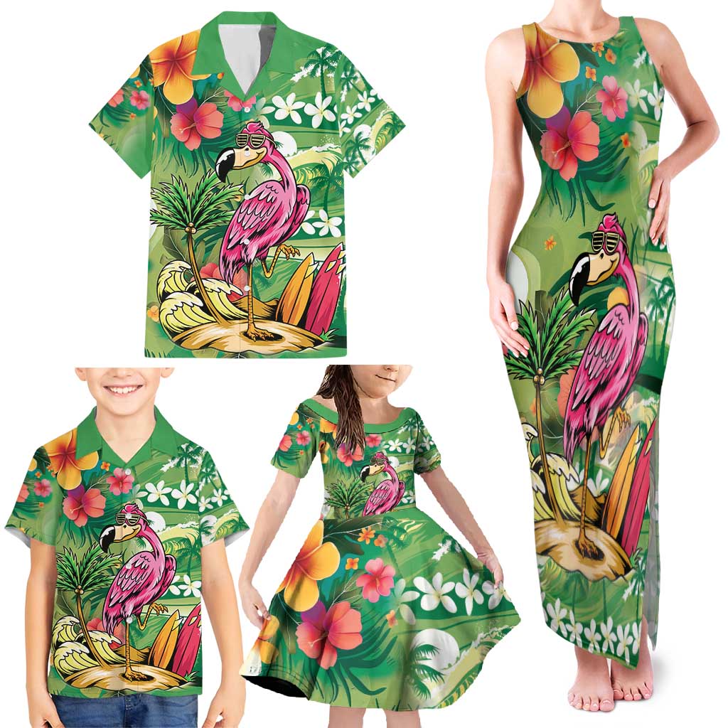 Hawaiian Flamingo Hibiscus Personalised Family Matching Tank Maxi Dress and Hawaiian Shirt Green Summer Tropical Flowers - Polynesian Pride