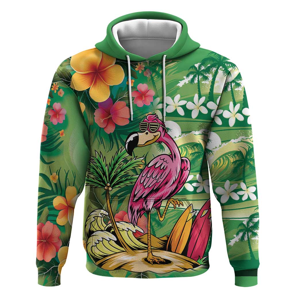 Hawaiian Flamingo Hibiscus Personalised Hoodie Green Summer Tropical Flowers - Polynesian Pride