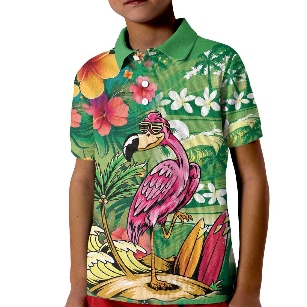 Hawaiian Flamingo Hibiscus Personalised Kid Polo Shirt Green Summer Tropical Flowers - Polynesian Pride