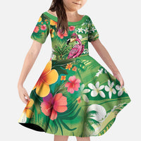 Hawaiian Flamingo Hibiscus Personalised Kid Short Sleeve Dress Green Summer Tropical Flowers - Polynesian Pride