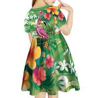 Hawaiian Flamingo Hibiscus Personalised Kid Short Sleeve Dress Green Summer Tropical Flowers - Polynesian Pride