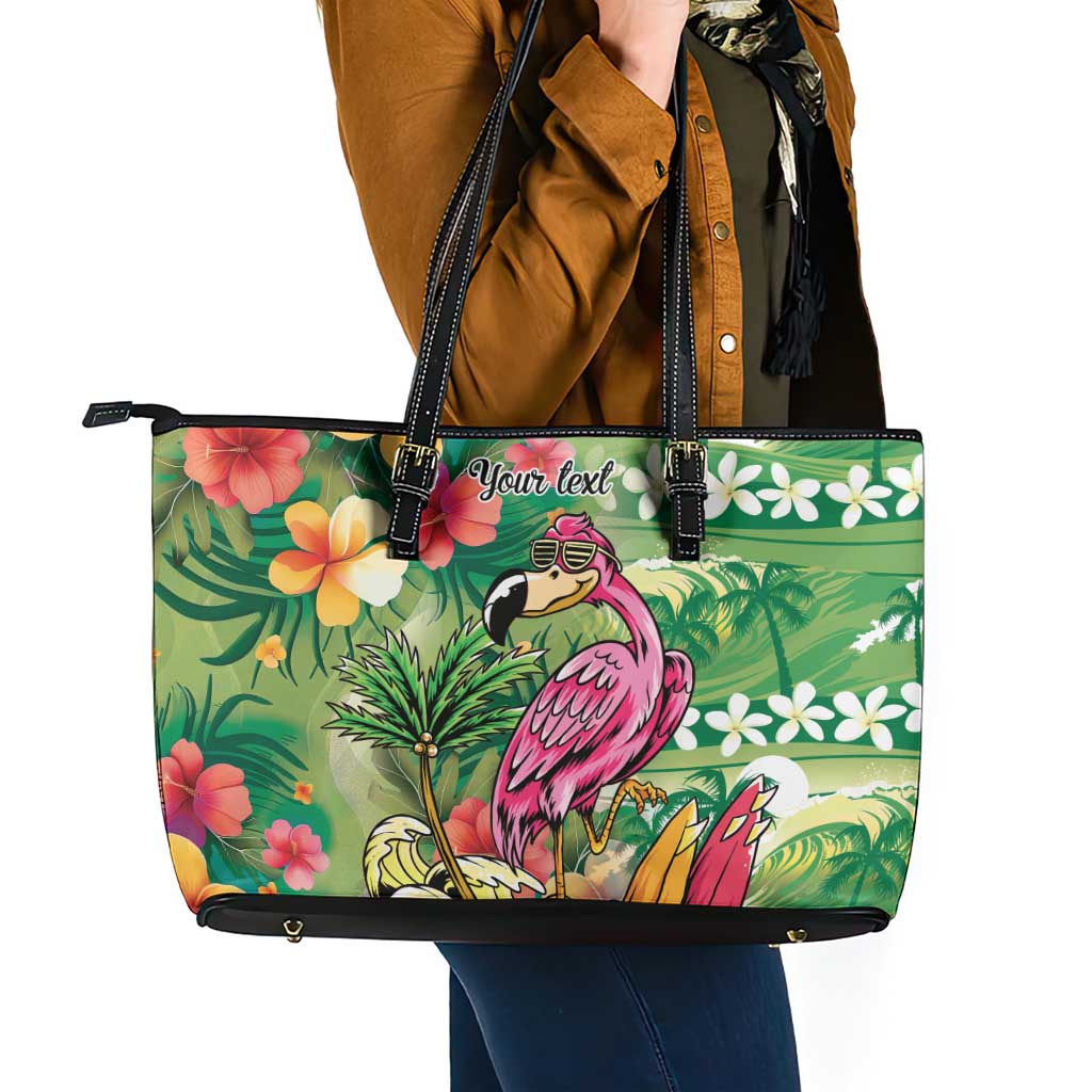 Hawaiian Flamingo Hibiscus Personalised Leather Tote Bag Green Summer Tropical Flowers - Polynesian Pride