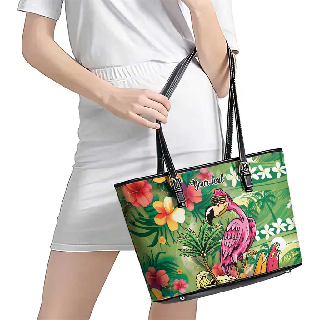 Hawaiian Flamingo Hibiscus Personalised Leather Tote Bag Green Summer Tropical Flowers - Polynesian Pride
