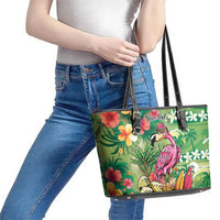 Hawaiian Flamingo Hibiscus Personalised Leather Tote Bag Green Summer Tropical Flowers - Polynesian Pride