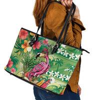 Hawaiian Flamingo Hibiscus Personalised Leather Tote Bag Green Summer Tropical Flowers - Polynesian Pride