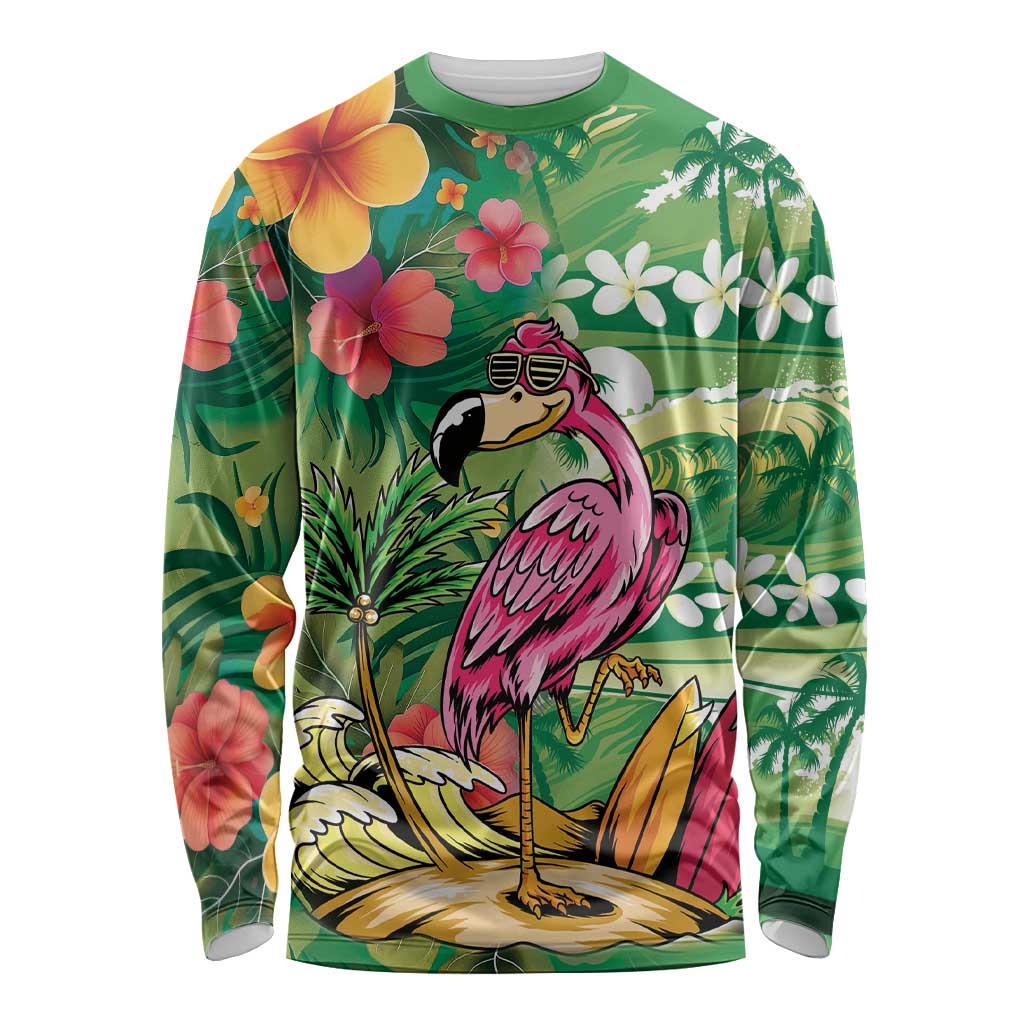 Hawaiian Flamingo Hibiscus Personalised Long Sleeve Shirt Green Summer Tropical Flowers LT9 Unisex Green - Polynesian Pride