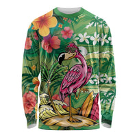 Hawaiian Flamingo Hibiscus Personalised Long Sleeve Shirt Green Summer Tropical Flowers LT9 Unisex Green - Polynesian Pride