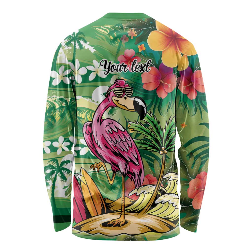 Hawaiian Flamingo Hibiscus Personalised Long Sleeve Shirt Green Summer Tropical Flowers LT9 - Polynesian Pride
