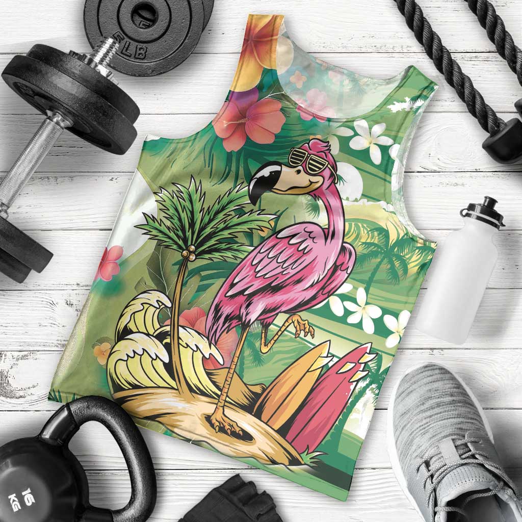 Hawaiian Flamingo Hibiscus Personalised Men Tank Top Green Summer Tropical Flowers - Polynesian Pride