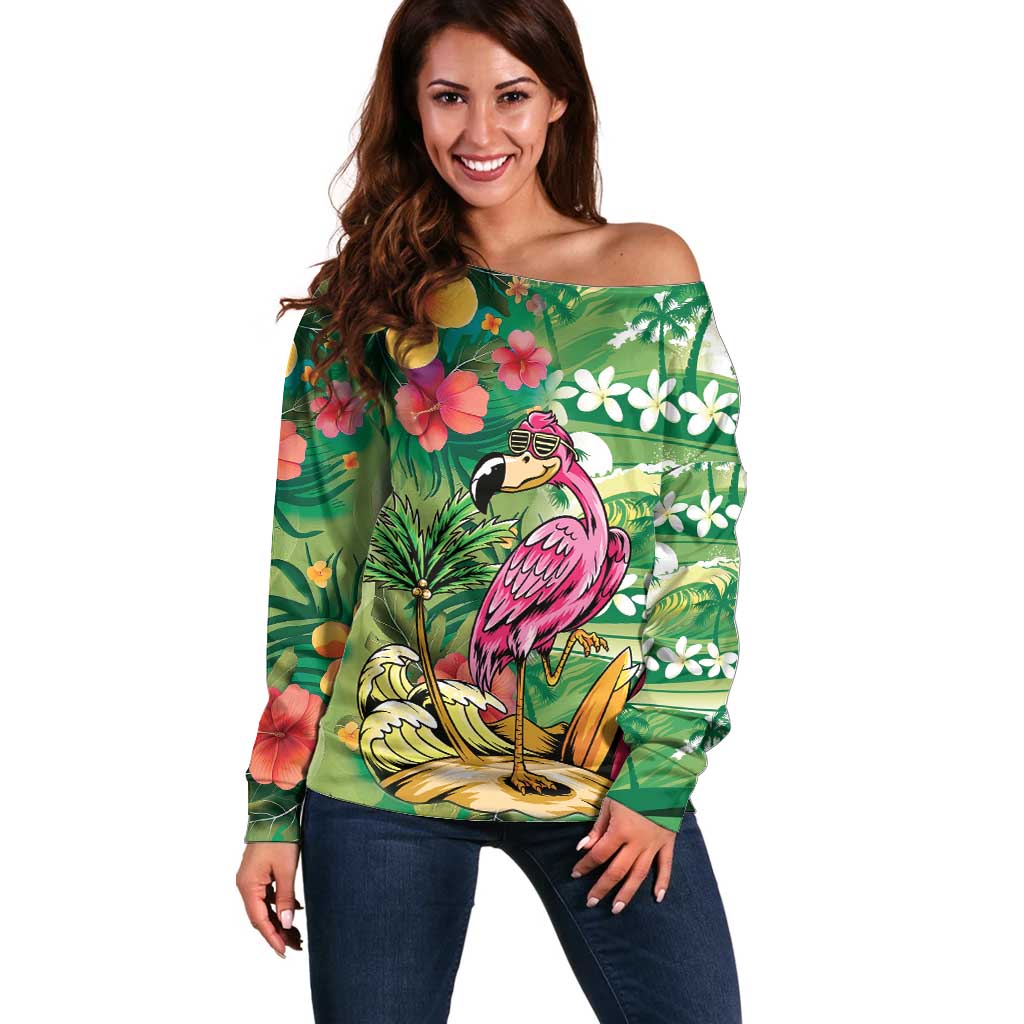 Hawaiian Flamingo Hibiscus Personalised Off Shoulder Sweater Green Summer Tropical Flowers - Polynesian Pride