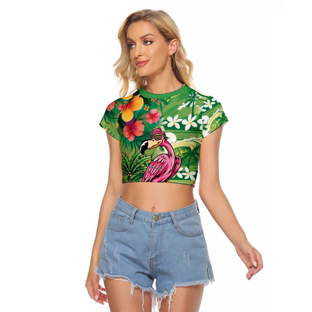 Hawaiian Flamingo Hibiscus Personalised Raglan Cropped T Shirt Green Summer Tropical Flowers - Polynesian Pride