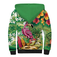 Hawaiian Flamingo Hibiscus Personalised Sherpa Hoodie Green Summer Tropical Flowers - Polynesian Pride
