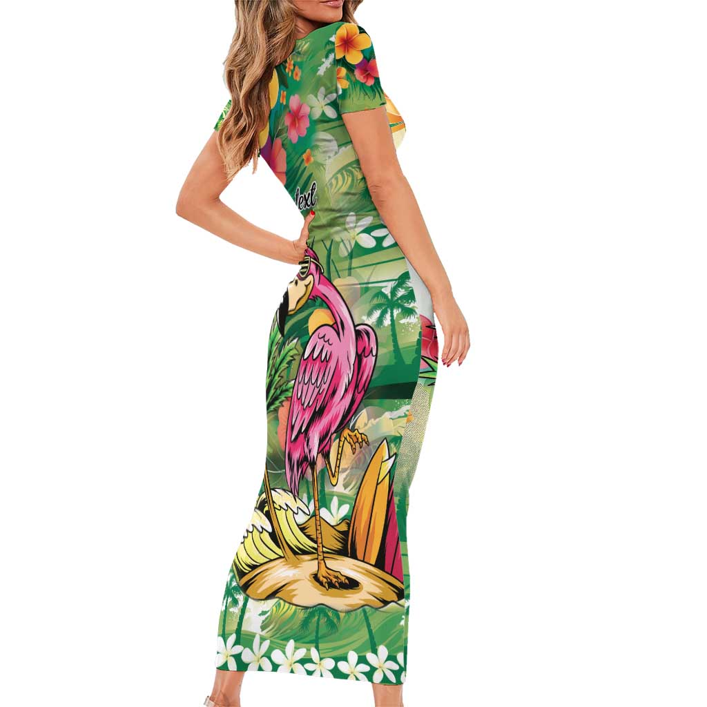 Hawaiian Flamingo Hibiscus Personalised Short Sleeve Bodycon Dress Green Summer Tropical Flowers - Polynesian Pride