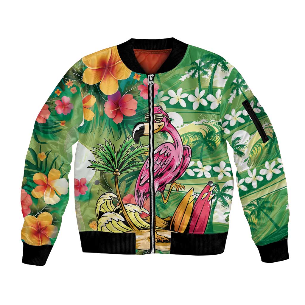 Hawaiian Flamingo Hibiscus Personalised Sleeve Zip Bomber Jacket Green Summer Tropical Flowers - Polynesian Pride