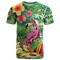 Hawaiian Flamingo Hibiscus Personalised T Shirt Green Summer Tropical Flowers - Polynesian Pride