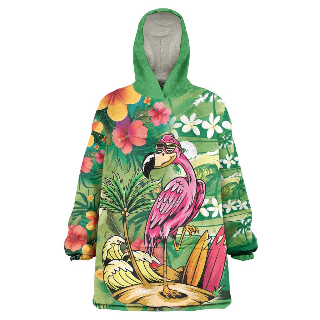 Hawaiian Flamingo Hibiscus Personalised Wearable Blanket Hoodie Green Summer Tropical Flowers - Polynesian Pride