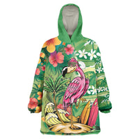 Hawaiian Flamingo Hibiscus Personalised Wearable Blanket Hoodie Green Summer Tropical Flowers - Polynesian Pride